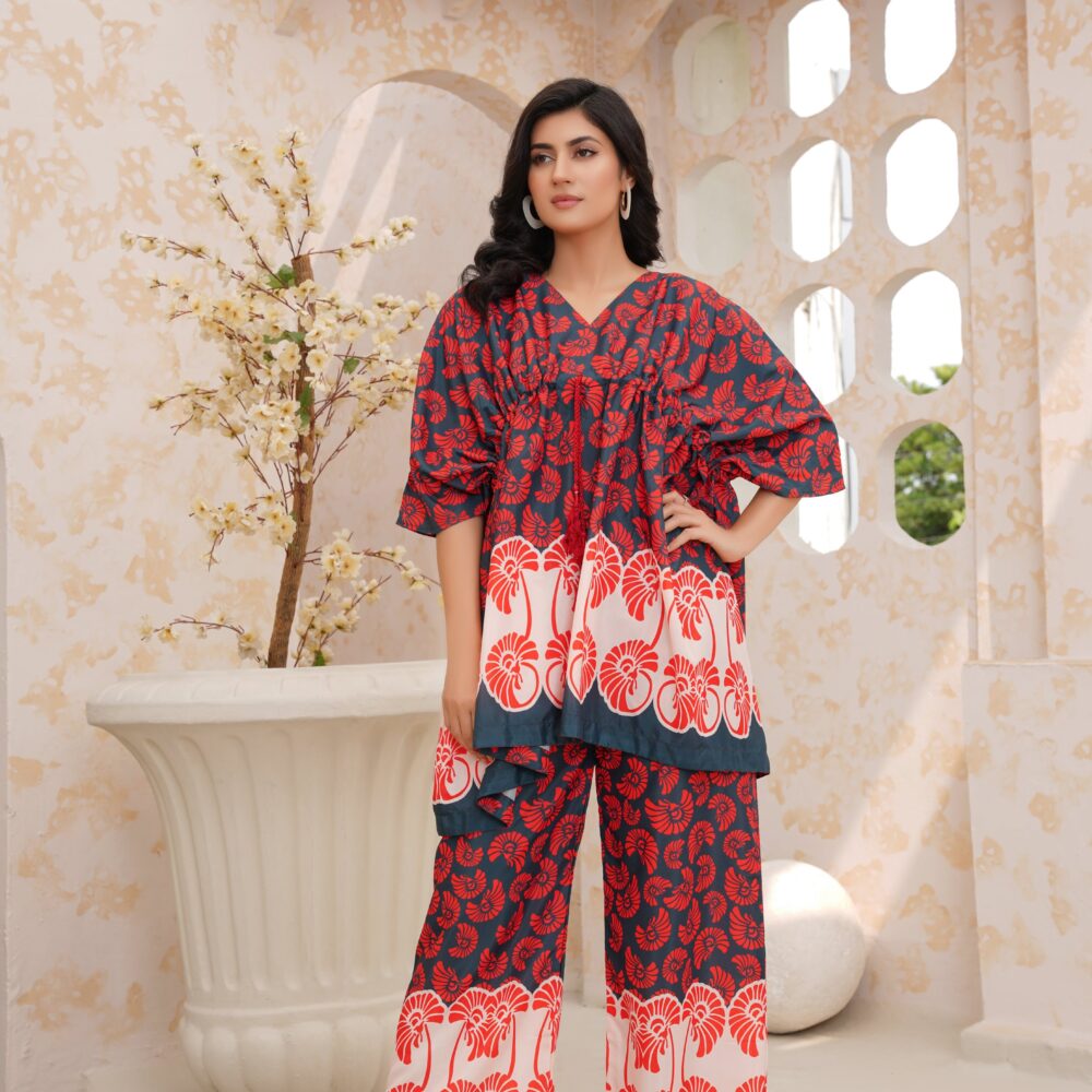 Red & White Floral 2-Piece Stitched Suit – Premium Crepe – Sabajeez 143