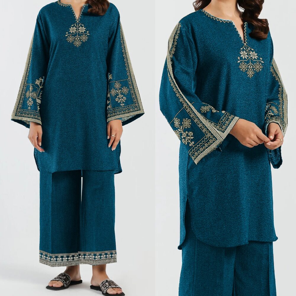 Lolipop 2-Piece Embroidered Stitched Suit – Teal Blue | Self Cotton Fabric